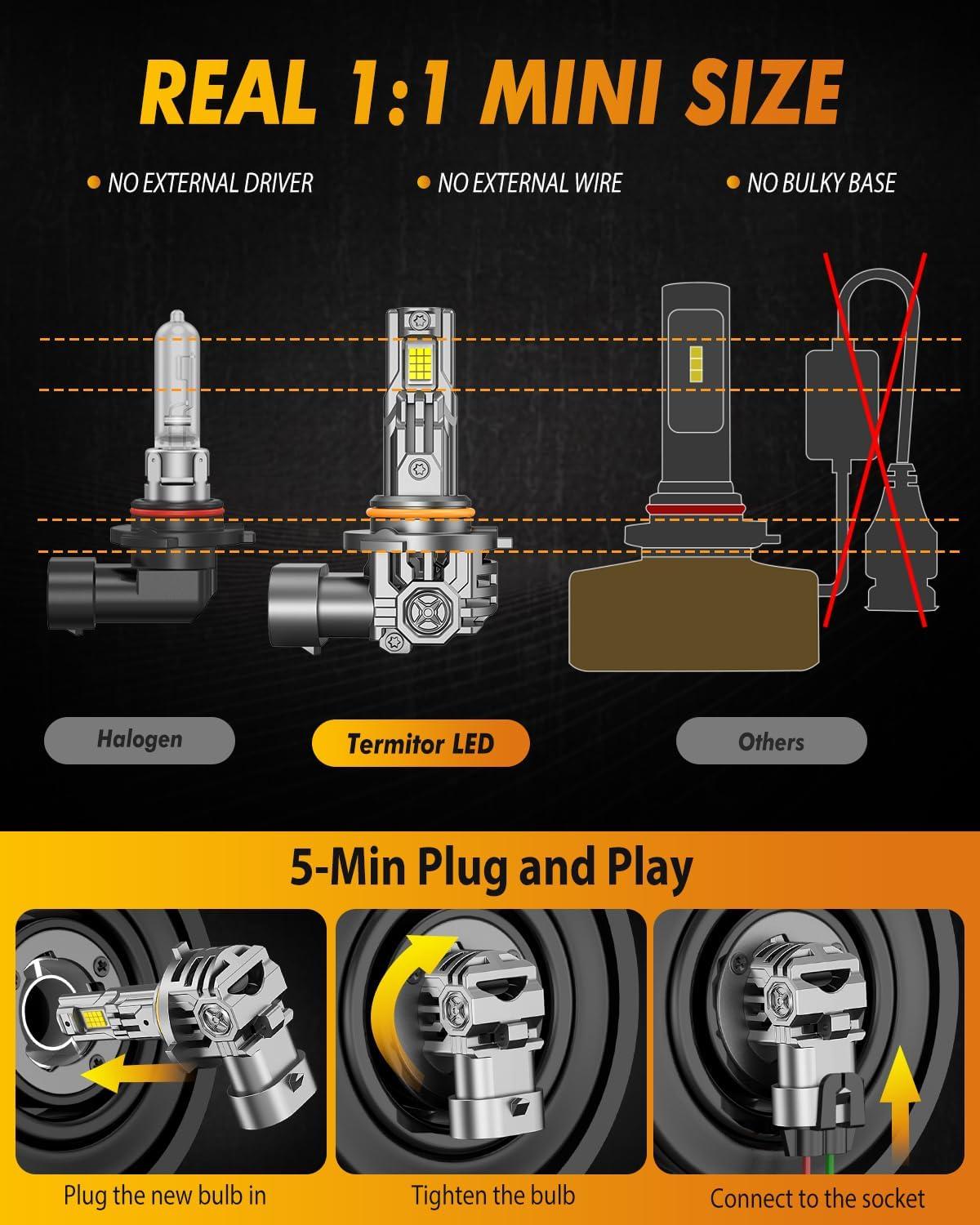imageFAHREN H11H9H8 9005HB3 LED Bulbs Combo 130000LM 1000 UltraBright Real 11 Mini Size 11 Mini Size Halogen Replacement 6500K Cool White NonPolarity Plug and Play Pack of 49012HIR2