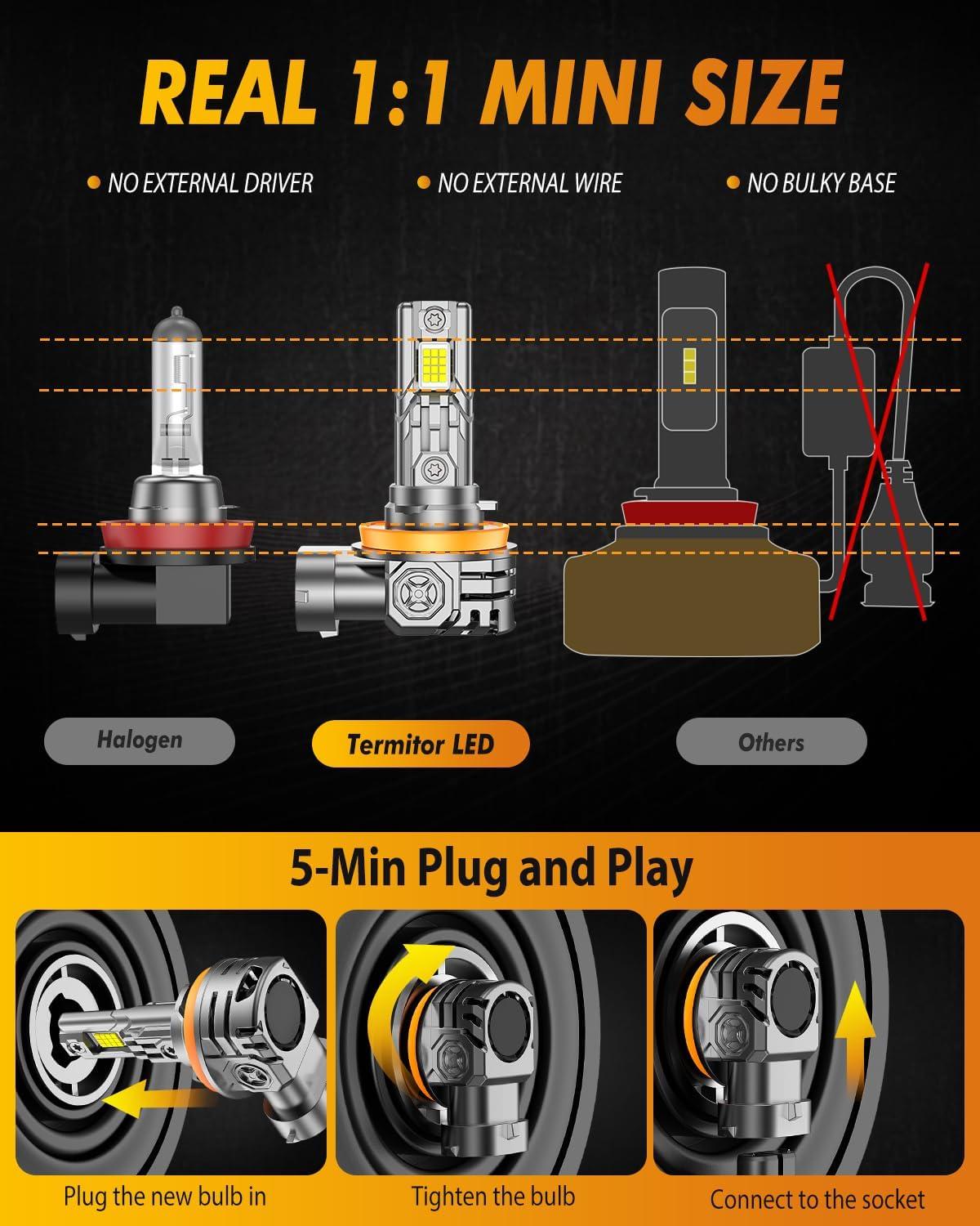 imageFAHREN H11H9H8 9005HB3 LED Bulbs Combo 130000LM 1000 UltraBright Real 11 Mini Size 11 Mini Size Halogen Replacement 6500K Cool White NonPolarity Plug and Play Pack of 49005H11