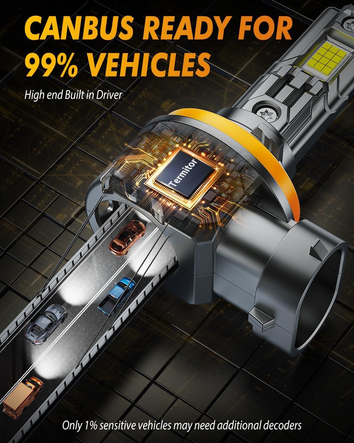 imageFAHREN H11H9H8 9005HB3 LED Bulbs Combo 130000LM 1000 UltraBright Real 11 Mini Size 11 Mini Size Halogen Replacement 6500K Cool White NonPolarity Plug and Play Pack of 49005H11
