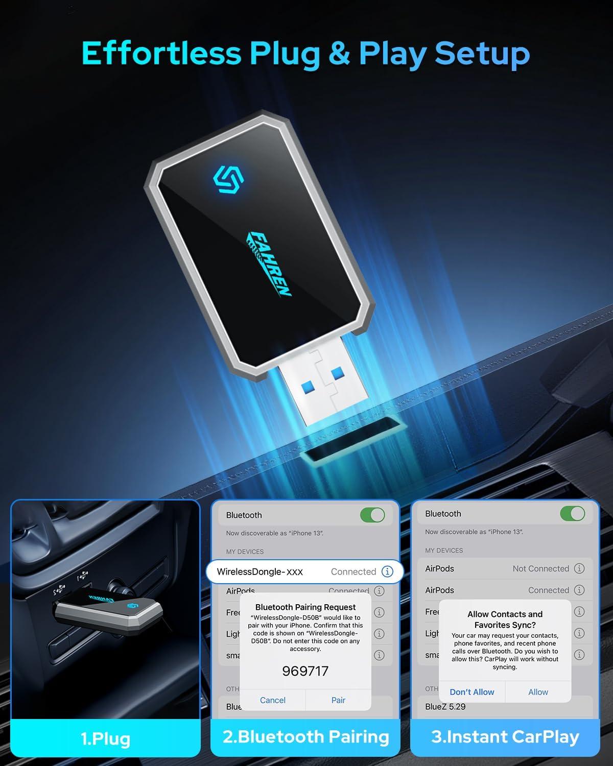 imageFAHREN Lastest Mini Wireless CarPlay AdapterBluetooth ampamp WiFi ConnectionPlugNPlayNo Lag for NavigationCompatible with iOS 10 ampamp Car 2016USBA Extension Cable ampamp TypeC AdapterP700
