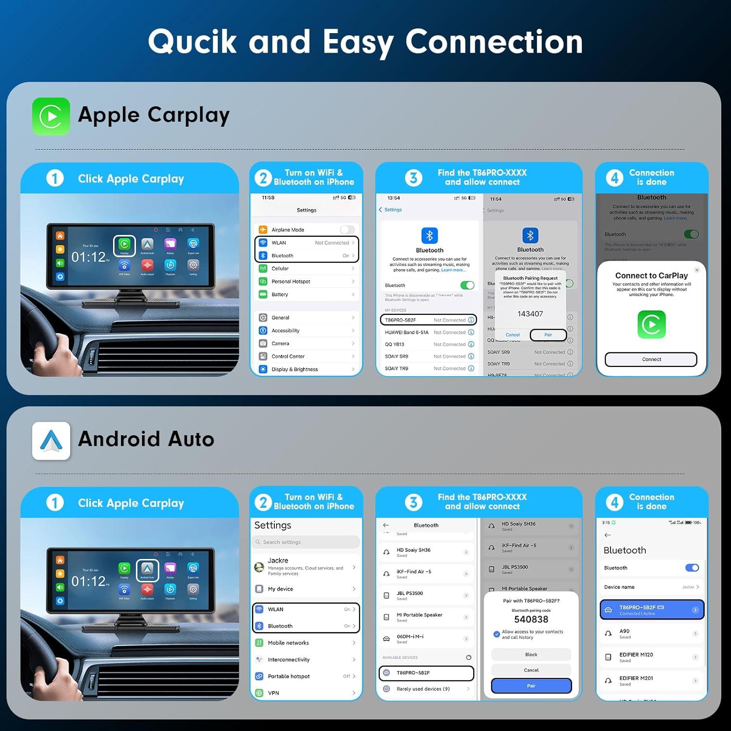 imageFAHREN Wireless Apple Carplay Screen for Car 1026quot CarPlay ampamp Android Auto Car Tablet with 4K Dash Cam ampamp 2K Backup Camera Audio Receivers Carplay Radio Voice ControlMusic PlayGPS Navigation