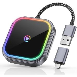imageFAHREN 2in1 Wireless CarPlay ampamp Android Auto Adapter Mini Apple Carplay Dongle ampamp Android Auto Adapter Audio Reactive Lighting Design Bluetooth Connection with USB TypeA ampamp TypeC