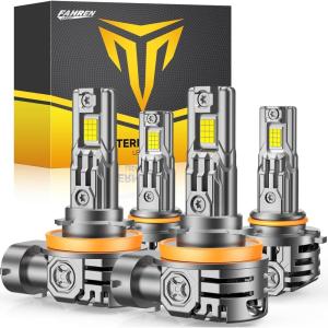imageFAHREN H11H9H8 9005HB3 LED Bulbs Combo 130000LM 1000 UltraBright Real 11 Mini Size 11 Mini Size Halogen Replacement 6500K Cool White NonPolarity Plug and Play Pack of 49005H11