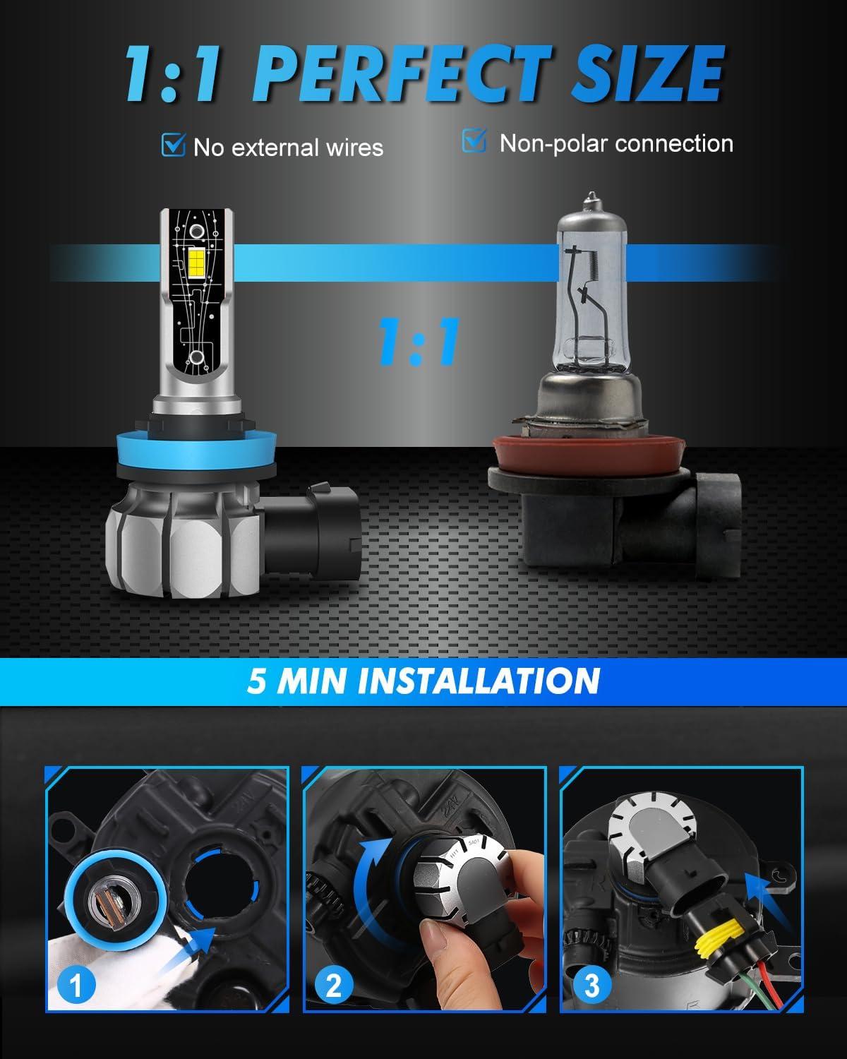 imageUpgraded HB39005 Light Bulb 43000LM Super Bright 6500K 7 Years Long Service Life with Cooling Fan Real 11 Size 9005 Fog Lights CANbusReady Plug and Play lP68 Waterproof Pack of 2H11H9H8