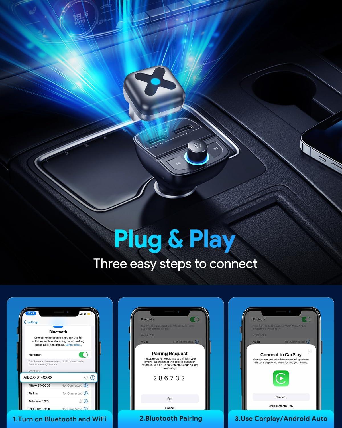 imageUltra Mini Android Auto ampamp CarPlay Wireless Adapter Latest A9 Chip 58GHZ WiFi 54 Bluetooth 35s Auto Connect USBCUSBAExtension Cable Compatible with iOS10 Android 10 CEROHSFCCBlackD