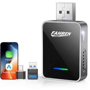 imageFAHREN Android auto Wireless Adapter OneClick User Switching Converts Wired to Wireless Car Play Adapter Plug ampamp Play Compatible iOS 12 ampamp Android 11 with USB TypeA ampamp TypeC
